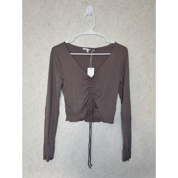 NWT Womens Baby Tee Long Sleeve Ribbed Scrunched Front Tie V-Neck Y2k 90s MEDIUM - Picture 1 of 9